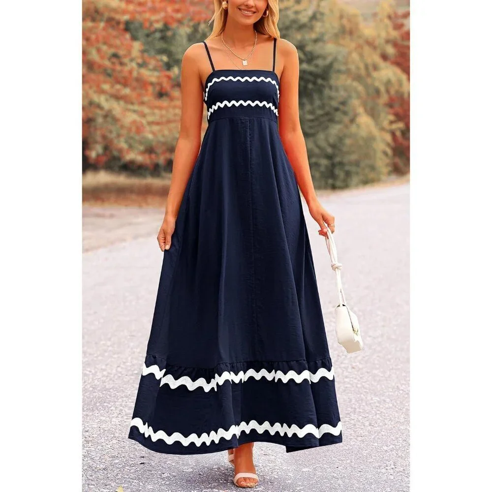 Women's Dark Blue Casual Sleeveless Spaghetti Strap Ruffle Beach Maxi Dress